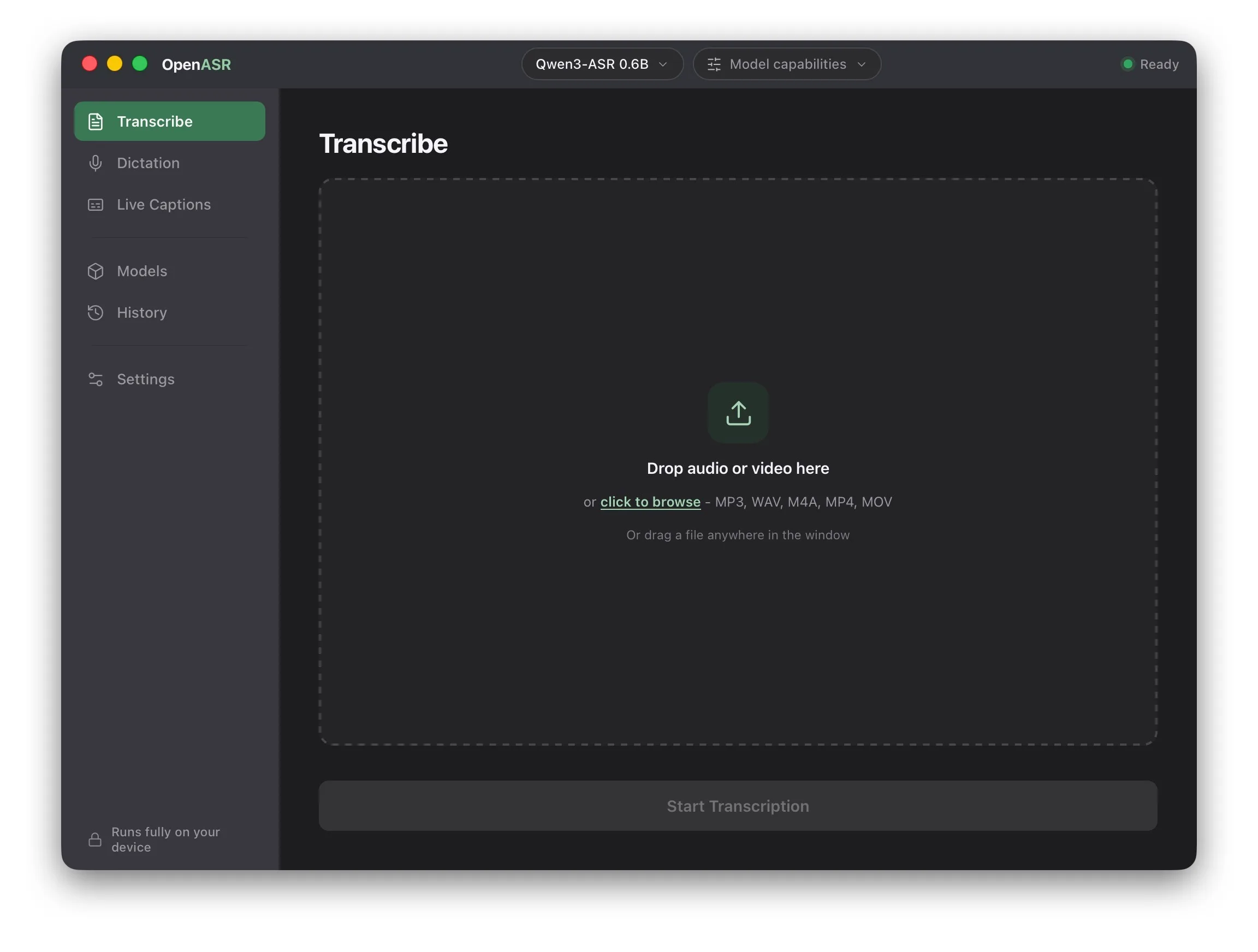 OpenASR desktop transcription screen, drop audio locally to start transcribing