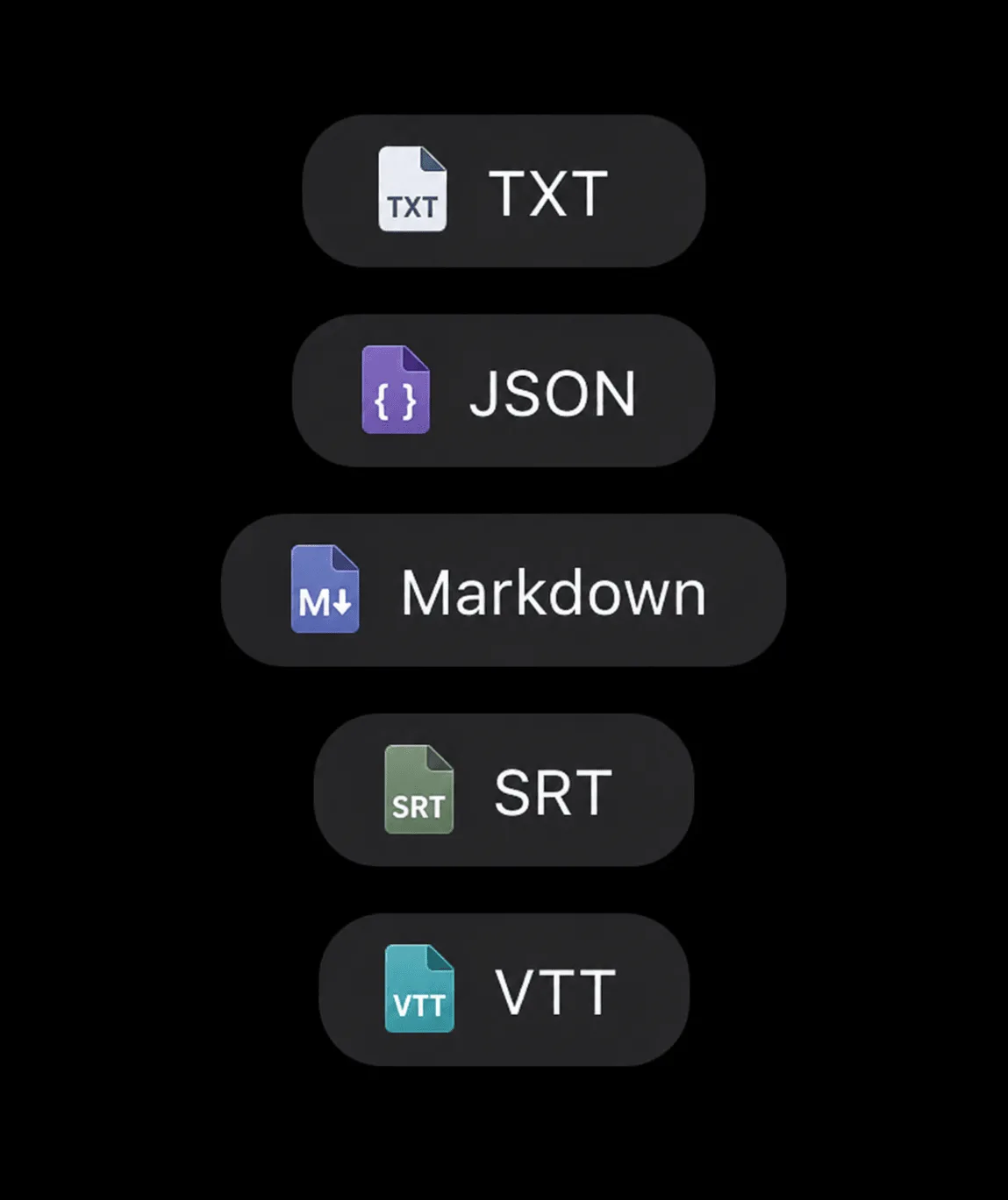 OpenASR exports transcripts as TXT, JSON, Markdown, SRT, and VTT