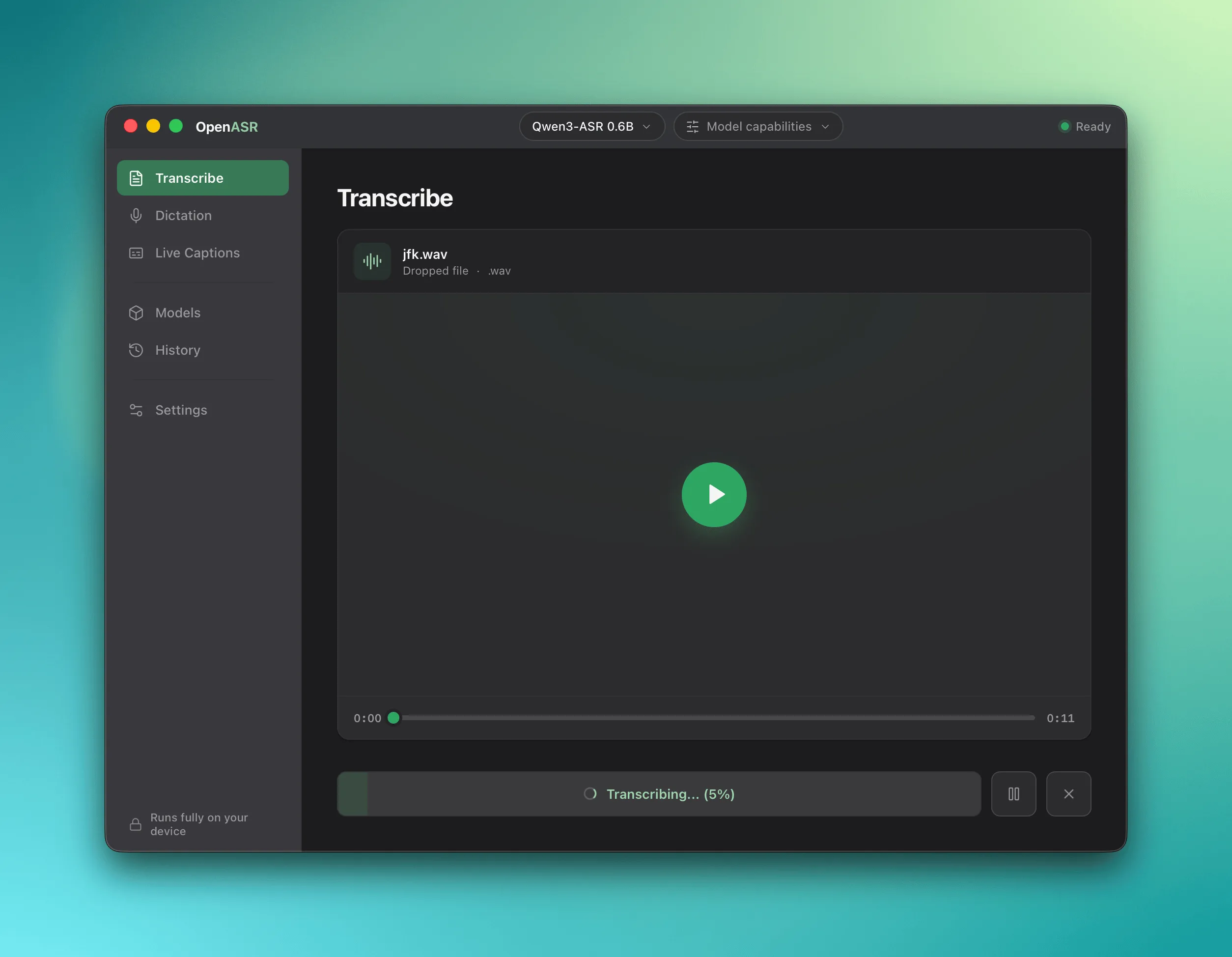OpenASR transcribing an audio file on device