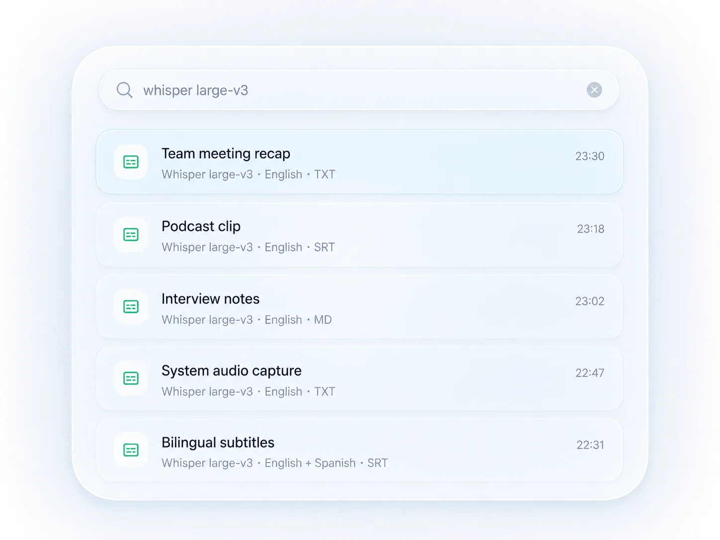OpenASR history search results showing previous transcripts and export formats