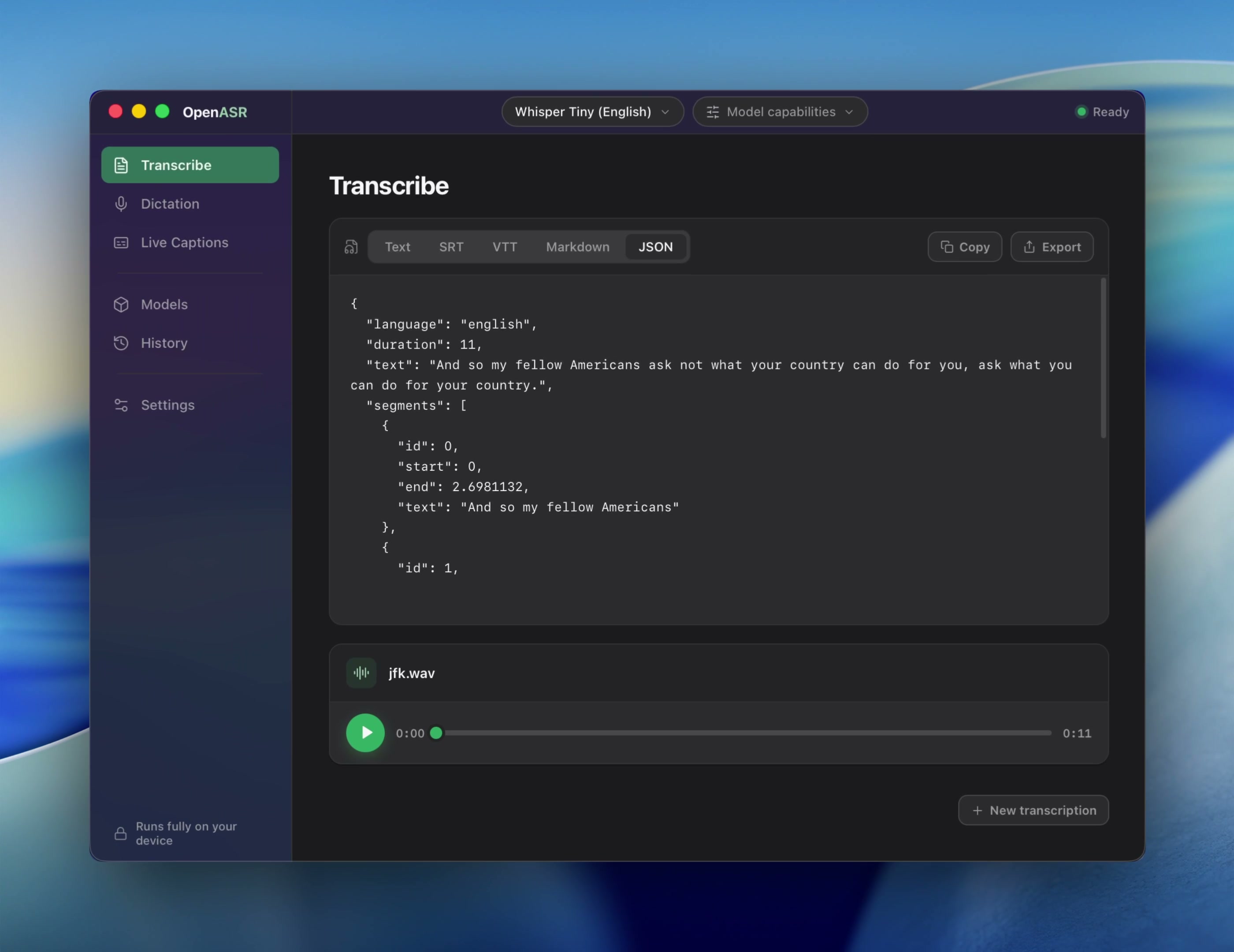 OpenASR Desktop showing the completed local transcription